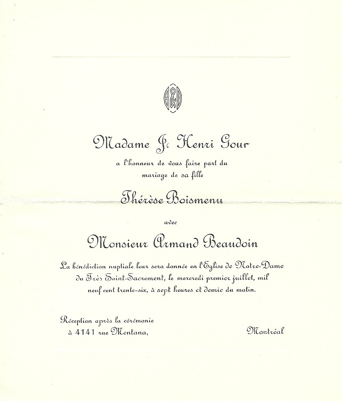 Carton d'invitation au mariage de Thérèse Boismenu et Armand Beaudoin